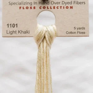 Weeks Dye Works Light khaki cotton floss on a cardboard holder with text about the product.