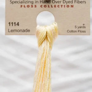 Yellow skein of cotton floss labeled '1114 Lemonade' by Weeks Dye Works
