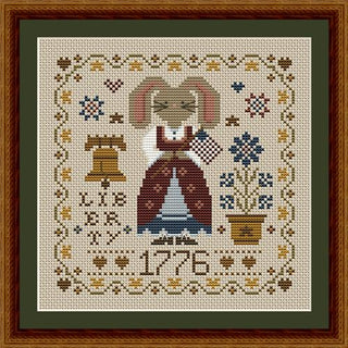 Cross-stitched design with a rabbit, Liberty bell, and number 1776 on a green background