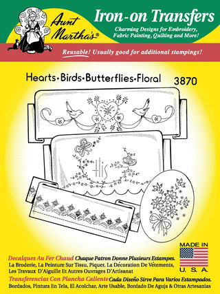 Aunt Martha's #3870 Hearts, Birds, Butterflies, & Floral Iron-On Transfer Pattern