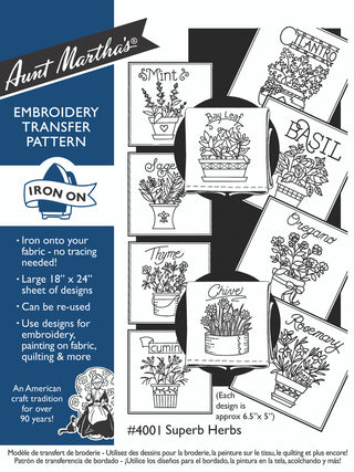Superb Herbs Iron-on Embroidery Pattern #4001 Aunt Martha's® - Premium Transfer Patterns from Aunt Martha's® - Just $1.90! Shop now at Crossed Hearts Needlework & Design