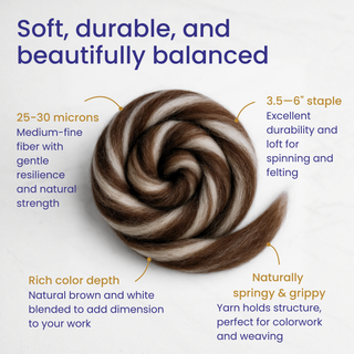 Yin Yang Corriedale Cross Combed Wool Top – Natural Brown and Ecru Blend (8 oz)