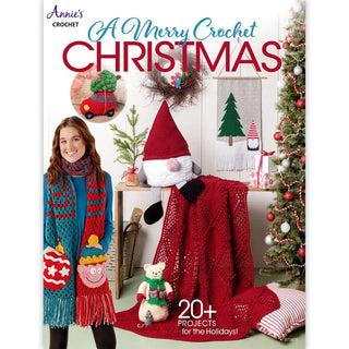 Book cover of 'A Merry Crochet Christmas' by Annie's with a woman, gnome, and Christmas decorations.