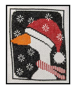 Christmas goose cross stitch pattern wearing a Santa hat and red striped scarf on a black snowflake background.