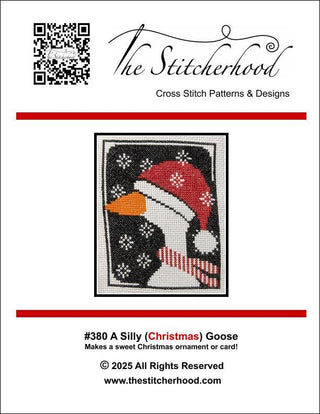 Christmas goose cross stitch pattern wearing a Santa hat and red striped scarf on a black snowflake background.