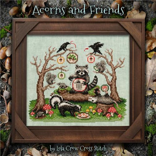 Cross stitch pattern of woodland animals including raccoons, squirrels, skunks, and birds gathered among mushrooms and acorns in a whimsical forest scene, designed by Lola Crow Cross Stitch.