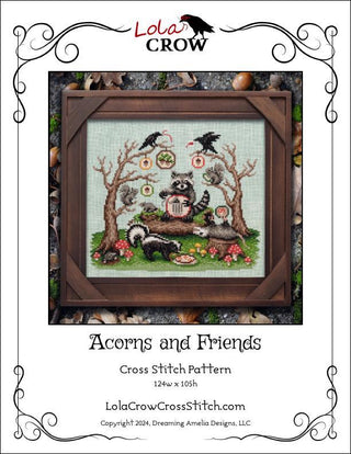 Cross stitch pattern of woodland animals including raccoons, squirrels, skunks, and birds gathered among mushrooms and acorns in a whimsical forest scene, designed by Lola Crow Cross Stitch.