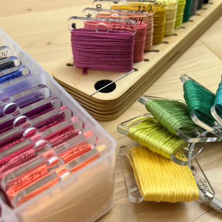 Colorful spools of thread on a wooden surface with a clear container.