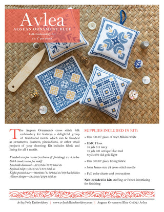 Aegean Ornaments Blue cross stitch folk embroidery kit
