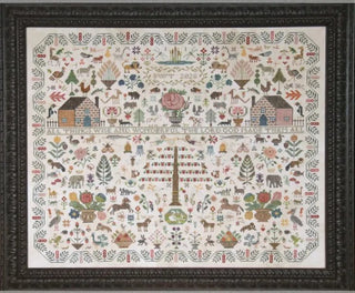 Decorative sampler with various patterns, animals, and text framed in black.