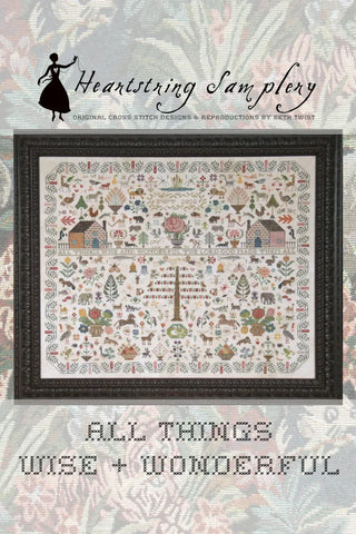 Heartstring Sampleny cross-stitch pattern with decorative border and text on a floral background