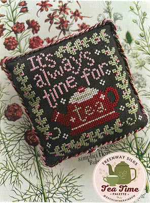 Always Time for Tea cross stitch pattern by Sweet Wing Studio featuring a teacup motif, stitched lettering, and a decorative border on dark fabric.