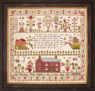 Ann Watson 1839 sampler reproduction by Queenstown Sampler Designs featuring an elaborate floral border, birds, stag, red brick house, trees, devotional verse, and traditional motifs stitched in historic muted tones.