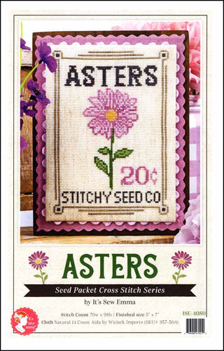 Cross stitch pattern for 'Asters' by Stitchy Seed Co with a purple flower design.