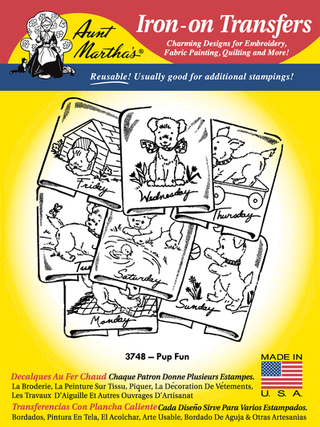 Stitch playful tea towels with Aunt Martha’s® Pup Fun #3748. Vintage days-of-the-week puppy embroidery transfer on a giant 18x24 sheet.