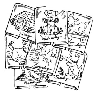 Stitch playful tea towels with Aunt Martha’s® Pup Fun #3748. Vintage days-of-the-week puppy embroidery transfer on a giant 18x24 sheet.