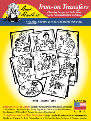 Add playful vintage charm with Aunt Martha’s® Murtle Turtle #3766. Days-of-the-week embroidery transfer on a giant 18x24 iron-on sheet.