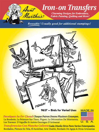 Aunt Martha's Iron-on Transfers packaging with bird designs on a yellow background