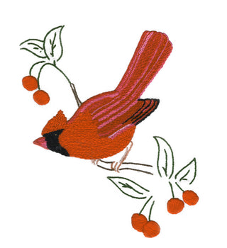 Embroidered design of a cardinal bird with berries on a white background