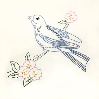 Stylized illustration of a bird perched on a branch with flowers on a white background