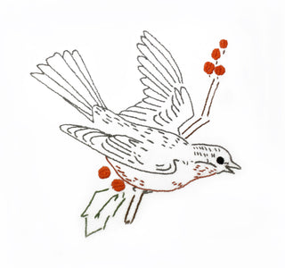 Illustration of a bird with outstretched wings and berries on a white background