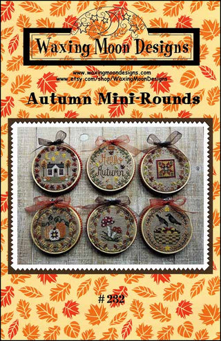 Waxing Moon Designs Autumn Mini Rounds cross-stitch pattern with decorative leaves on a brown background