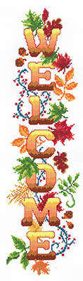 Decorative 'Welcome' sign with autumn leaves and colors