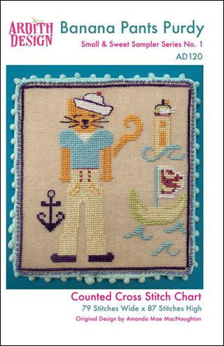 Cross stitch chart for 'Banana Pants Purdy' by Ardith Design on a blue background