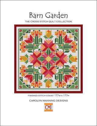 Square geometric floral cross-stitch design in red, orange, gold, green, and cream tones with symmetrical barn-inspired motifs and a bold decorative border.
