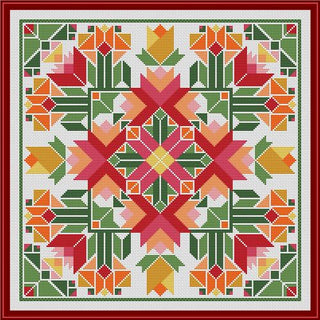 Square geometric floral cross-stitch design in red, orange, gold, green, and cream tones with symmetrical barn-inspired motifs and a bold decorative border.