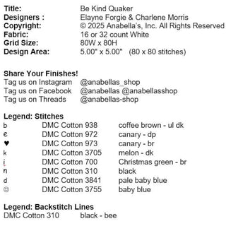 Text-based product description sheet for a Quaker design with fabric details, stitch colors, and social media information.
