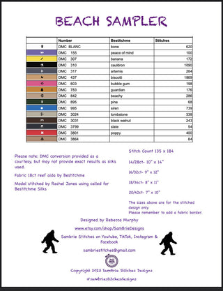 Stitch count, recommended fabric, and required thread for Beach Sampler Cross Stitch Pattern by SamBrie Stitches Designs.