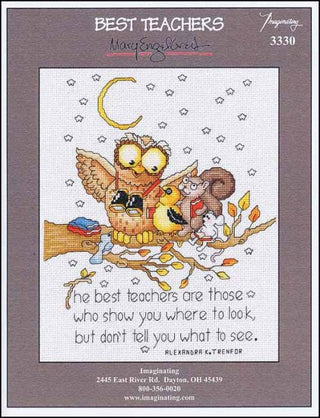 Front cover of the cross pattern Best Teachers by Imaginating featuring an owl perched on a branch with a little bird, squirrel, and mouse as his pupils. The caption stitched under the branch says, "The best teachers are those who show you where to look, but don't tell you what to see."