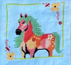Colorful whimsical horse with a green mane, floral border, and pastel background in the Blossom Summer cross stitch pattern by Ardith Design.