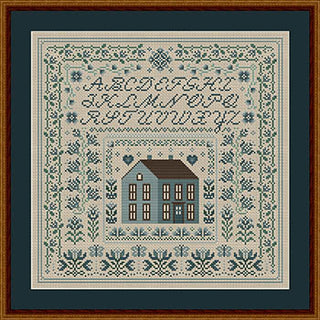 Image of Blue Hollyhock House Sampler Cross Stitch Pattern by Happiness Is Heartmade 