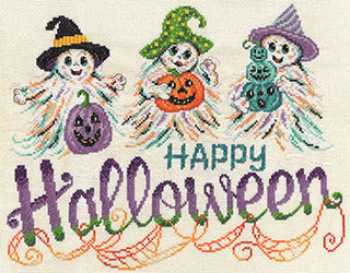 Cross-stitched design of three ghosts in Halloween costumes with pumpkins and 'Happy Halloween' text.