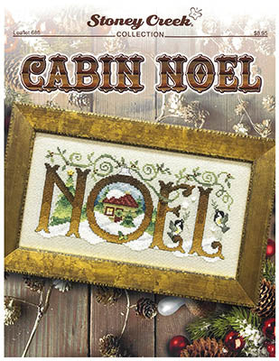 Stoney Creek Cabin Noel cross-stitch pattern with decorative frame and Christmas elements.