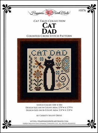 Cat Dad cross stitch pattern with black cat design on a white background