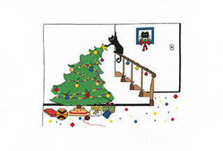 Cross Stitch Pattern of a Christmas tree, cat, and staircase with toys on a white background