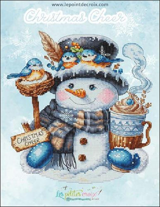 Cross-stitch pattern with a snowman holding a cup, birds, and a sign on a light blue background.