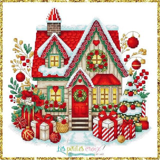 Decorative Christmas scene with a house, presents, and festive elements on a white background.