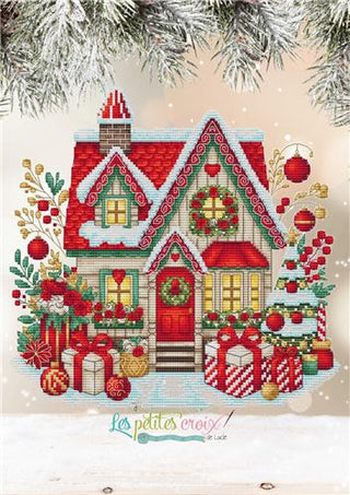 Decorative Christmas scene with a house, trees, and ornaments on a light background.