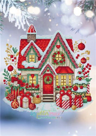 Decorative Christmas scene with a house, trees, and festive elements on a snowy background.
