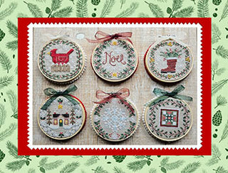 Set of six decorative Christmas ornaments on a textured fabric background with a red border.