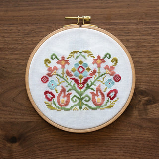 Embroidery hoop with floral pattern on white fabric against a wooden background