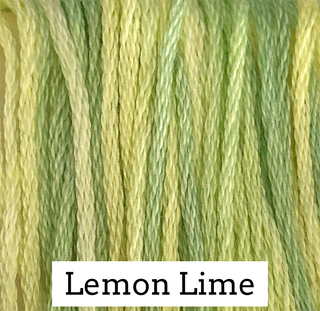 Close-up of multicolored embroidery floss strands in a pale yellow-green and mint green shade, with a white label at the bottom reading 'Lemon Lime'.