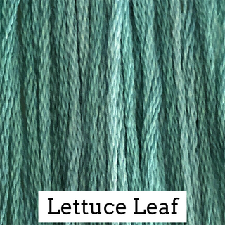 Close-up of teal embroidery floss labeled 'Lettuce Leaf'.