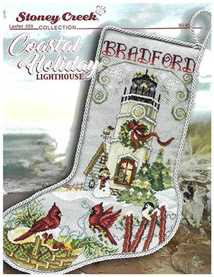 Cross-stitched Christmas stocking with lighthouse and cardinal design, featuring Stoney Creek Collection branding.