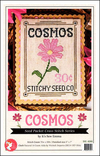 Cross stitch pattern for 'Cosmos' by Stitchy Seed Co with a pink flower design.