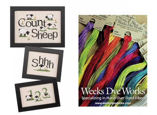 Framed cross-stitch patterns and Weeks Dye Works yarn on a white background